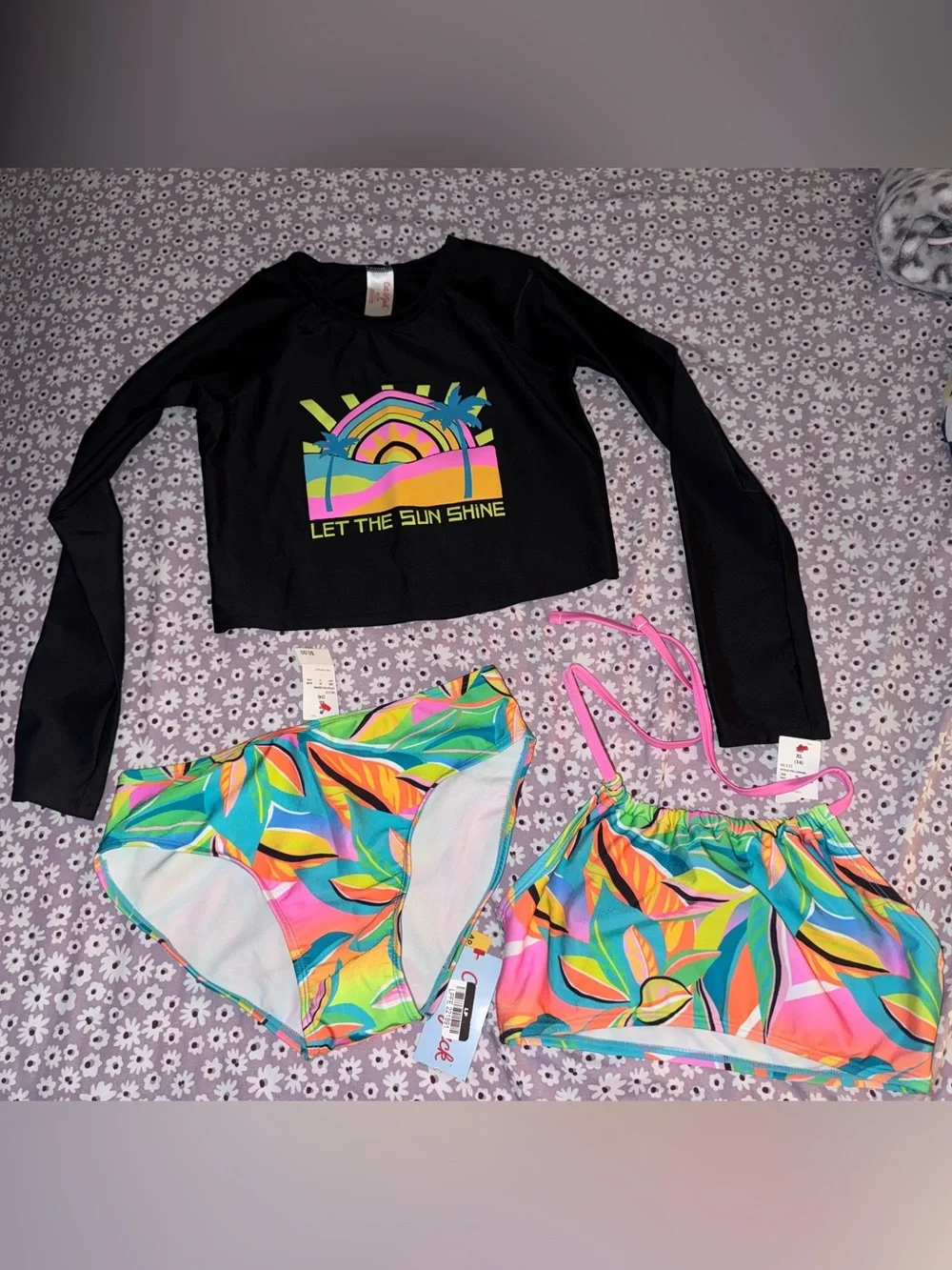 Cat & Jack Girls 3-Piece Tropical Rash Guard Swimsuit Set XL 14 NWT